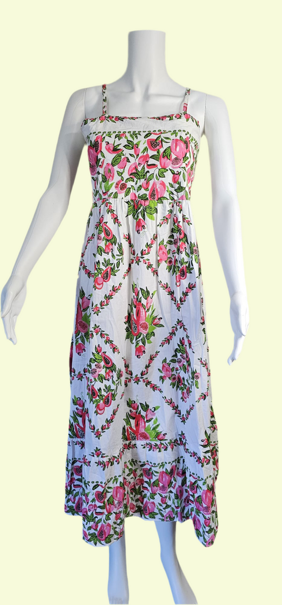 Floral dress on a mannequin against a white background