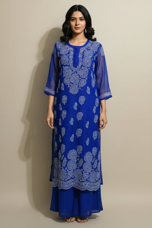 Royal Blue Chiffon Chikankari Straight Long Tunic