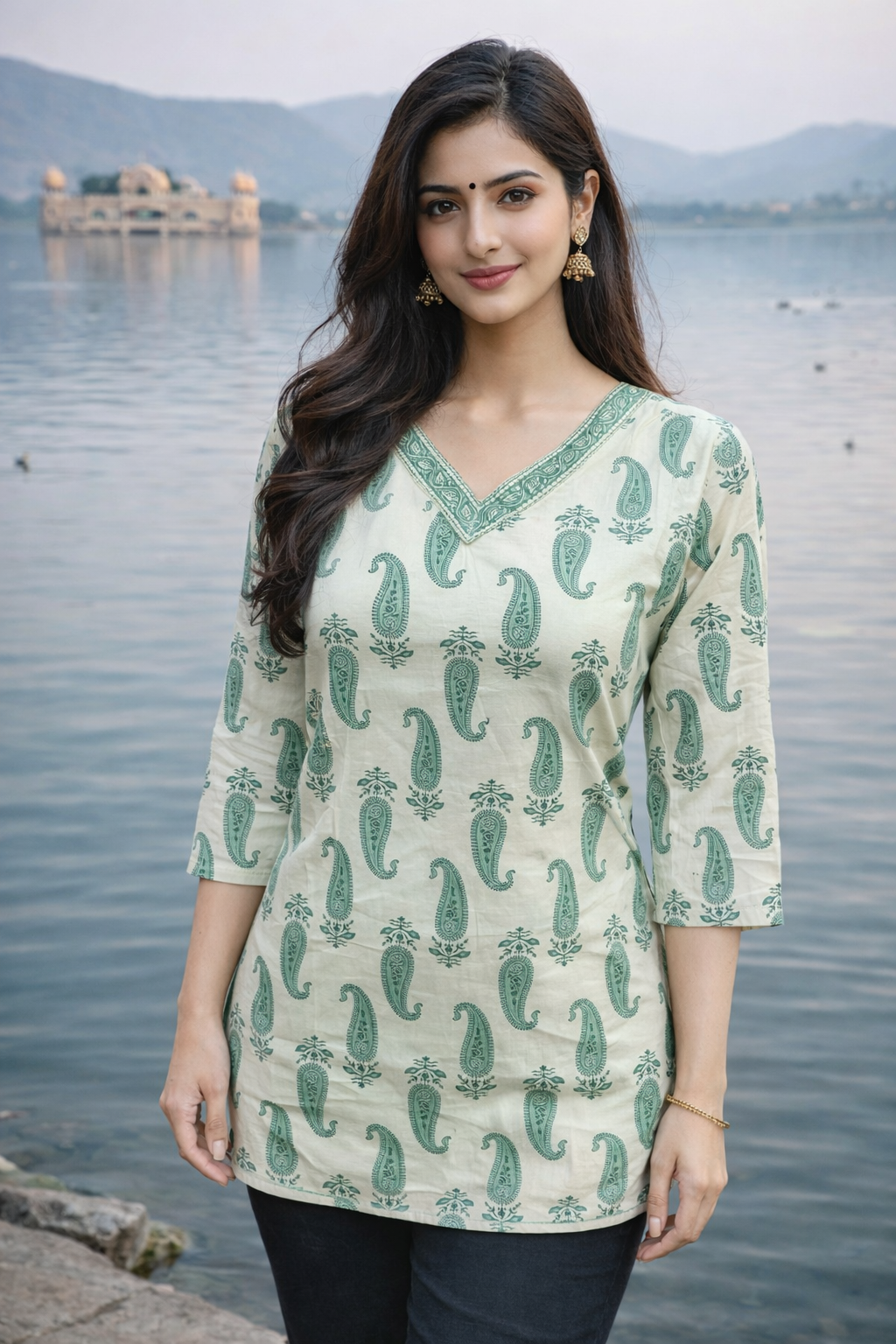 Woman wearing a green and white patterned top by a body of water with a scenic background.