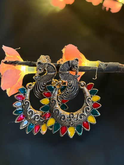 Rangoli Peacock Hoops Silver