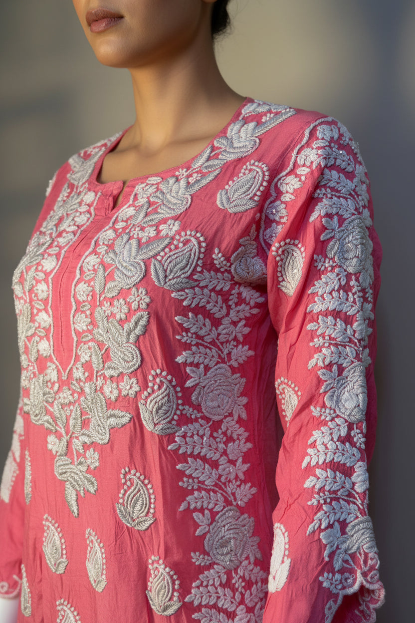 Tunique longue Chikankari Premium rose foncé