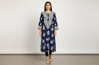Cotton Straight Chikankari Kurti with Floral Print