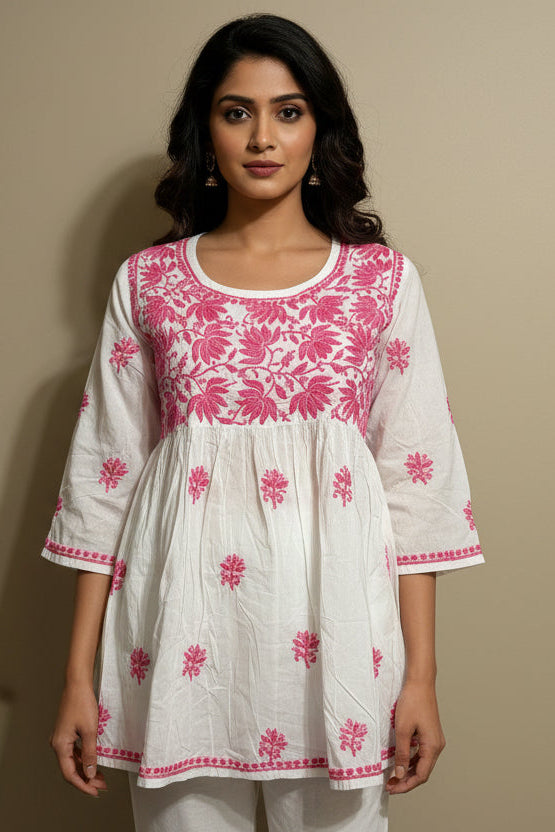 Beautiful White Chikankari Frock Style Short Top