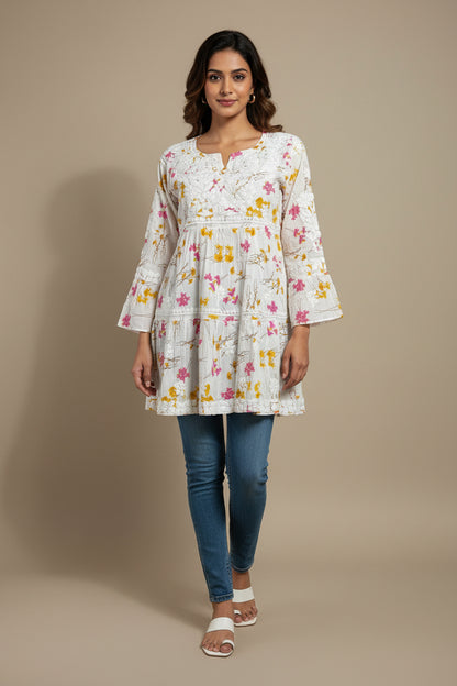 Chikankari Short Flower Design Top with Bell Sleeves