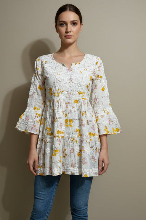 Chikankari Short Flower Design Top with Bell Sleeves