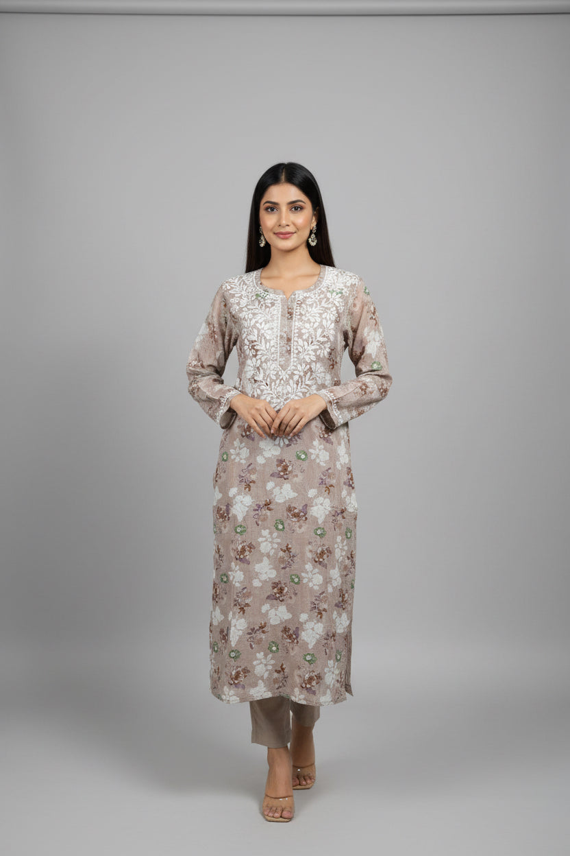 Mannequin wearing a floral dress with a beige background