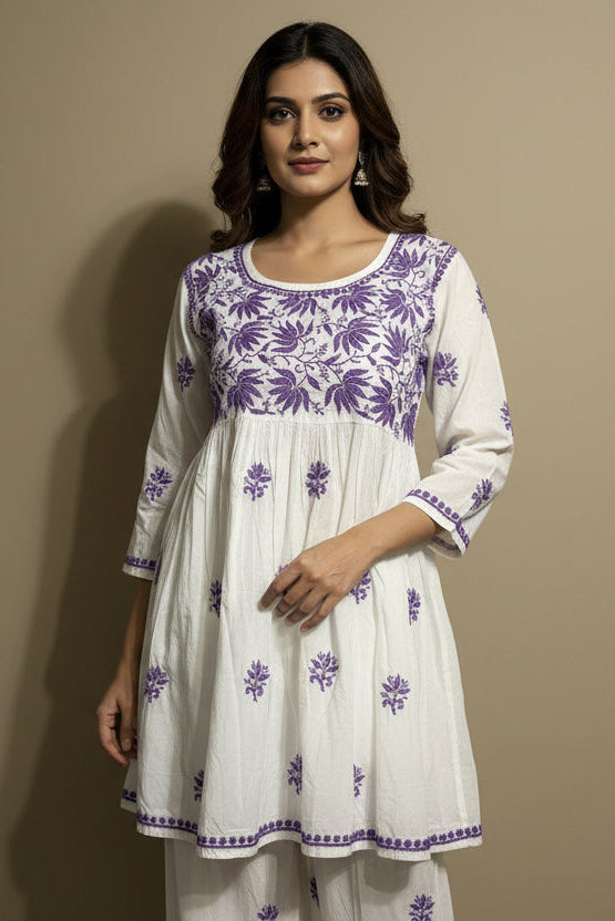 Beautiful White Chikankari Frock Style Short Top
