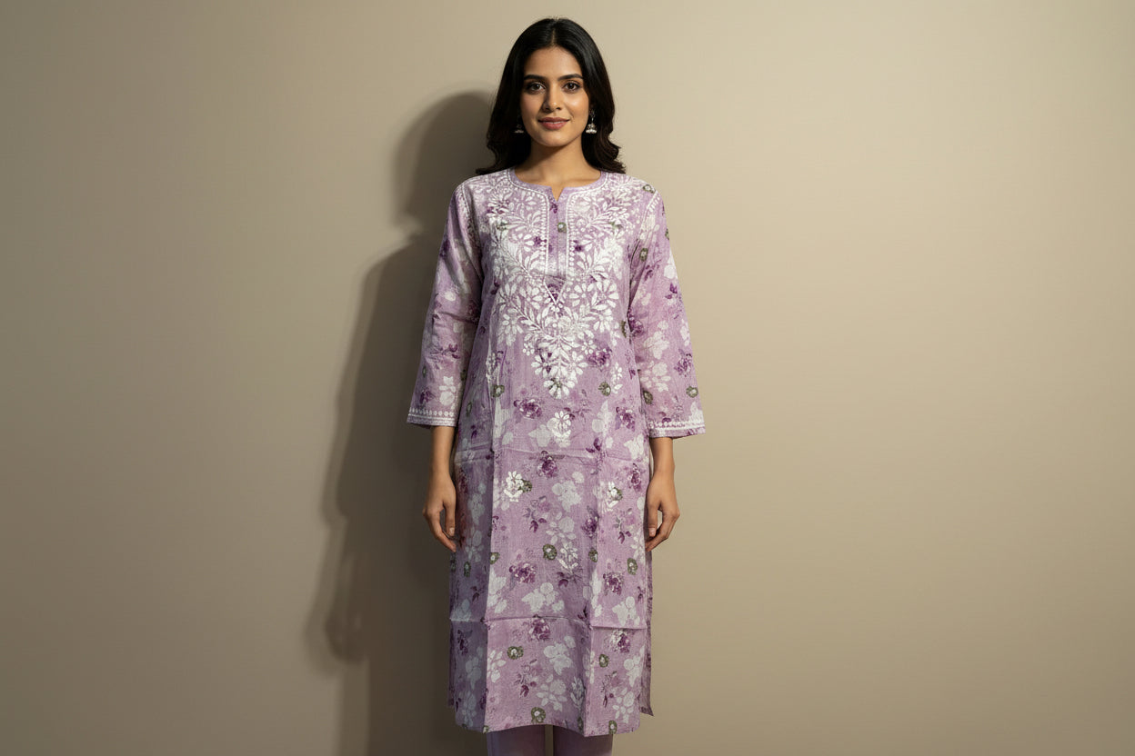 Purple floral pajama set on a mannequin against a beige wall.