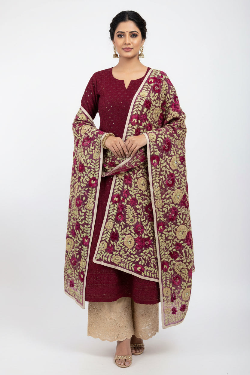 Kurti Stole with Chikankari Plazo Set