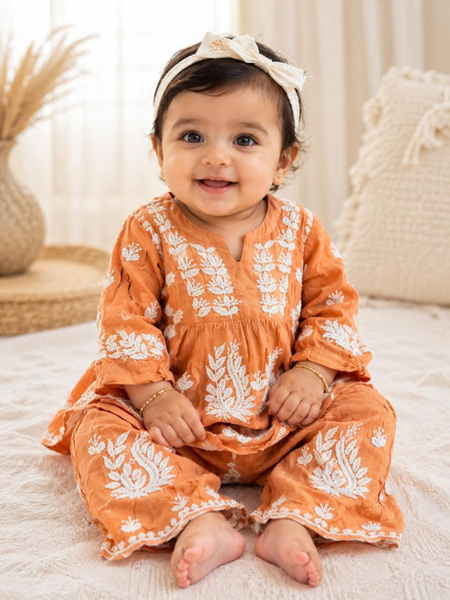 Peach Girls Chikankari Tunic Set