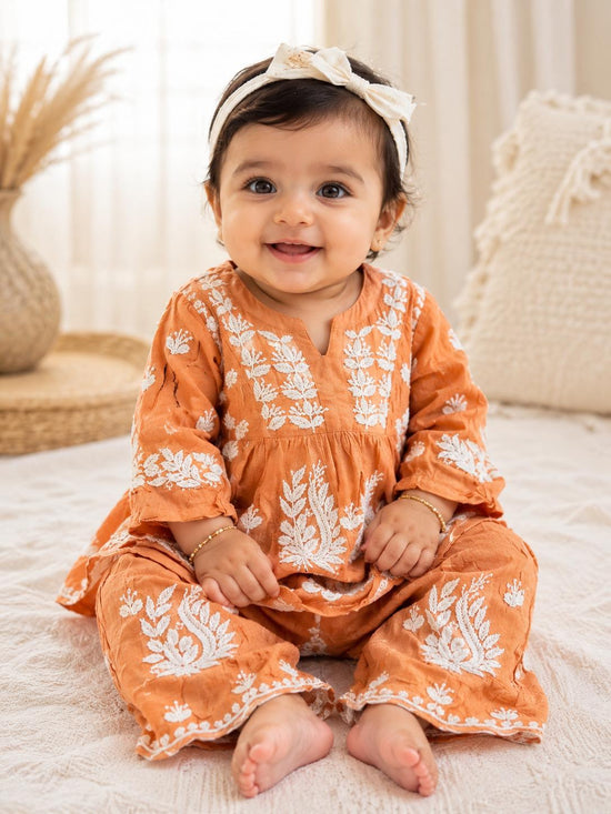 Peach Girls Chikankari Tunic Set