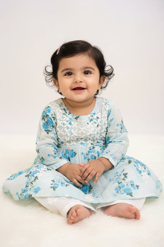 Sky Blue Floral Girls Chikankari Set