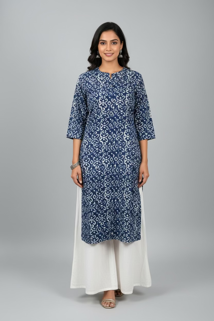 Indigo Mosaic Cotton Long Kurti