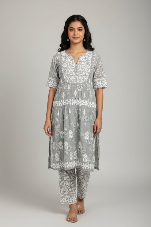 Grey Young Ladies Chikankari Set
