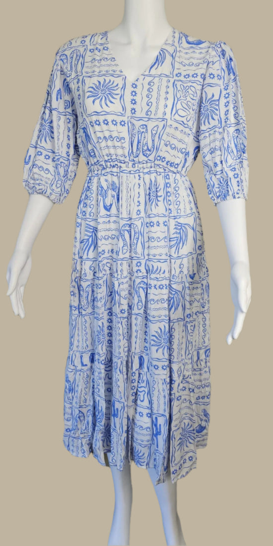 Blue and White Print Dress