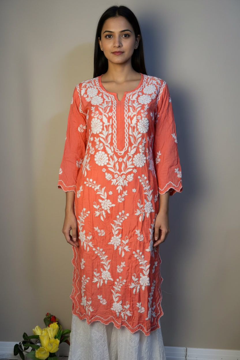Tunique Chikankari Longue Pêche Foncé