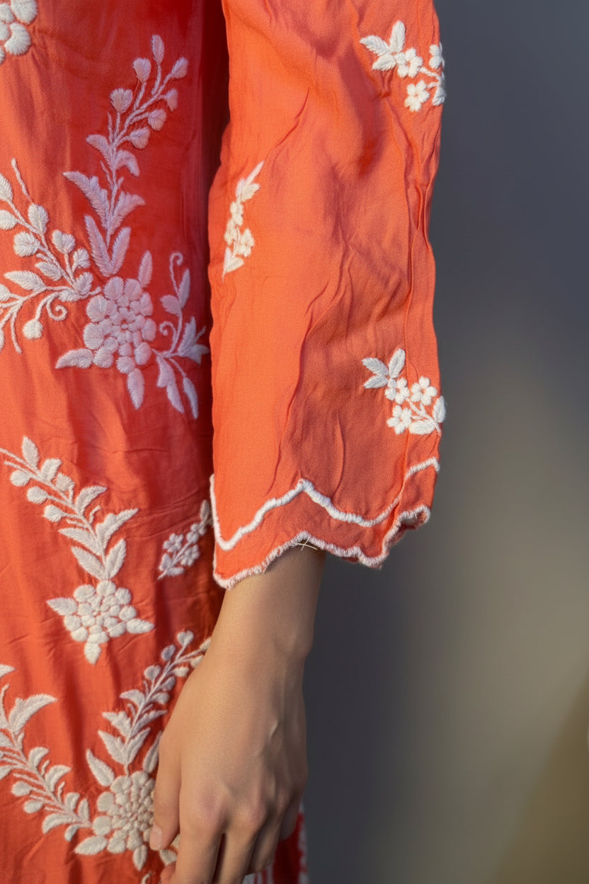 Tunique Chikankari Longue Pêche Foncé
