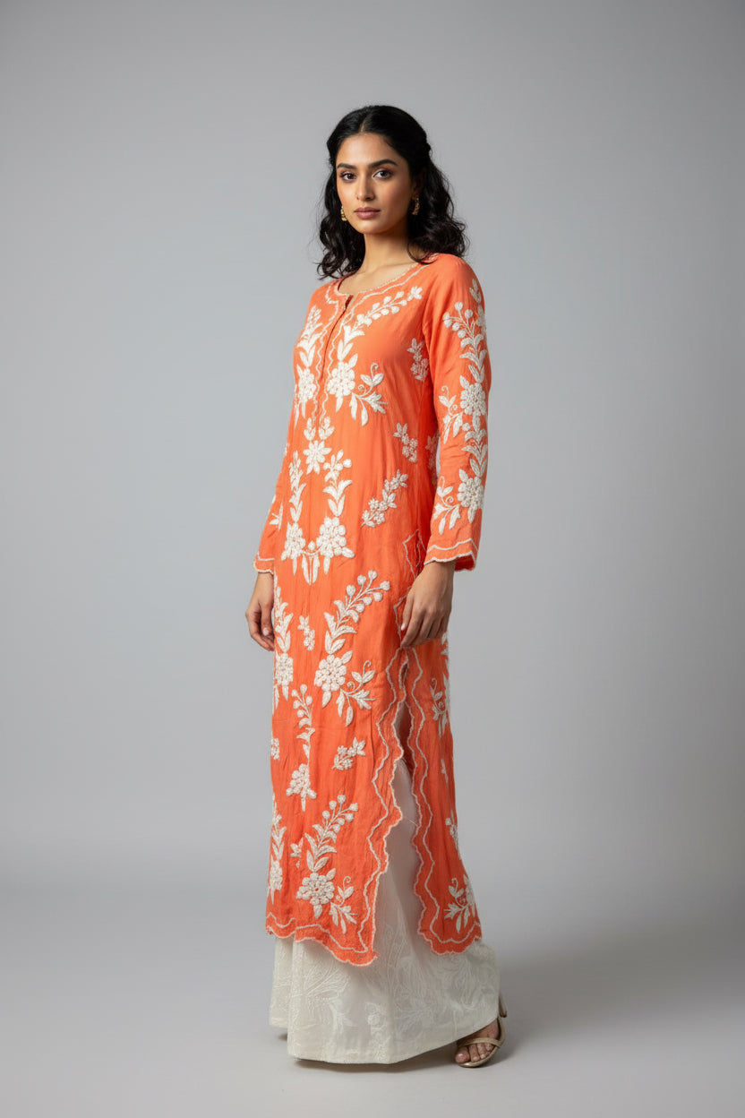 Tunique Chikankari Longue Pêche Foncé