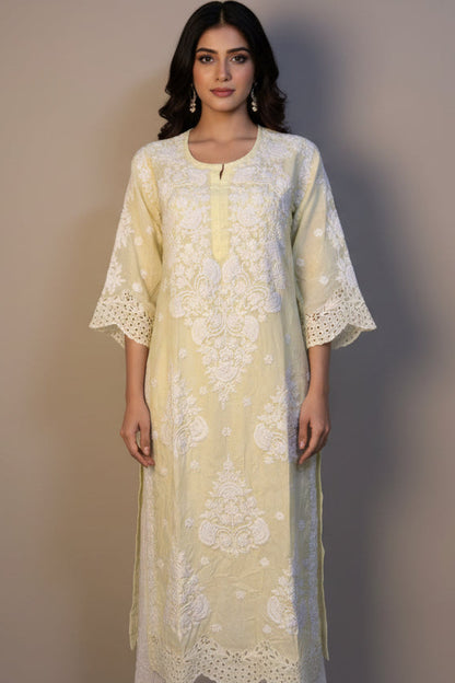 Tunique longue jaune clair en chikankari ajouré