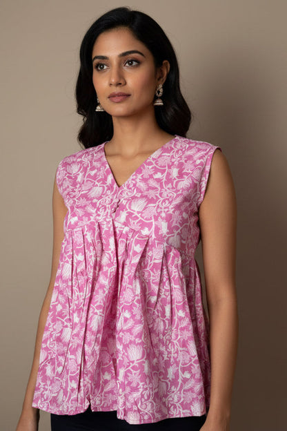 Sleeveless Short Floral Cotton Top