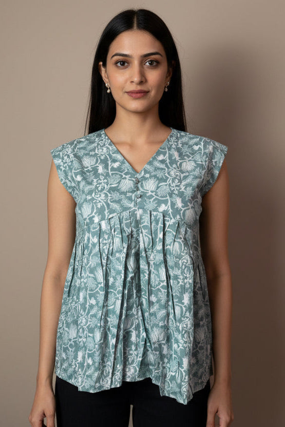 Sleeveless Short Floral Cotton Top