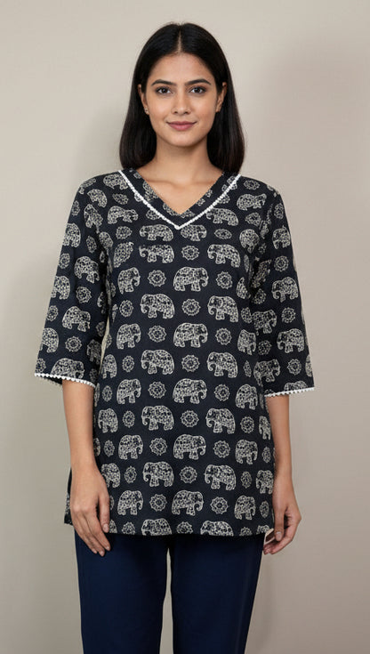 Elephant Print Short Cotton Top