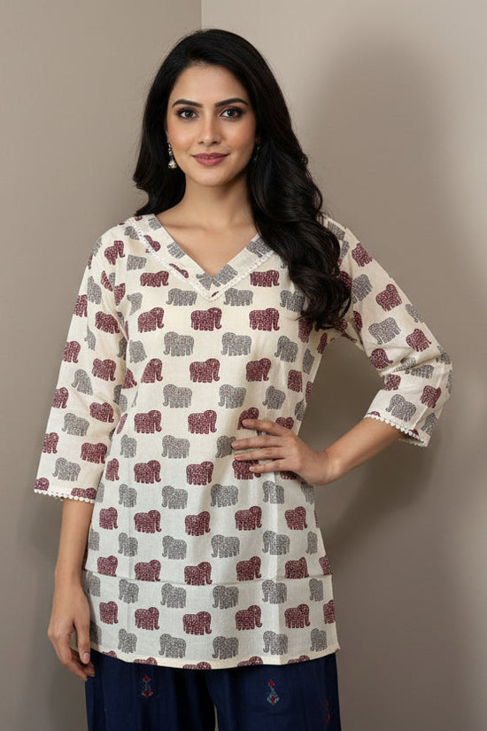 Cream Elephant Print Short Cotton Top