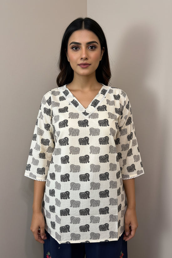 Cream Elephant Print Short Cotton Top