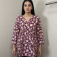 Mannequin wearing a purple floral long-sleeve top against a neutral background