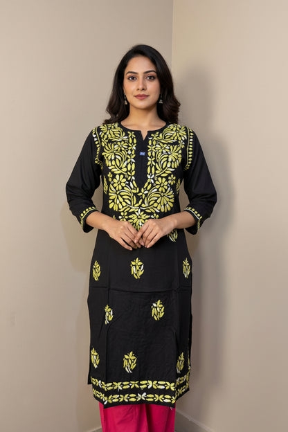 Black Long Rayon Tunic with Colorful Chikankari