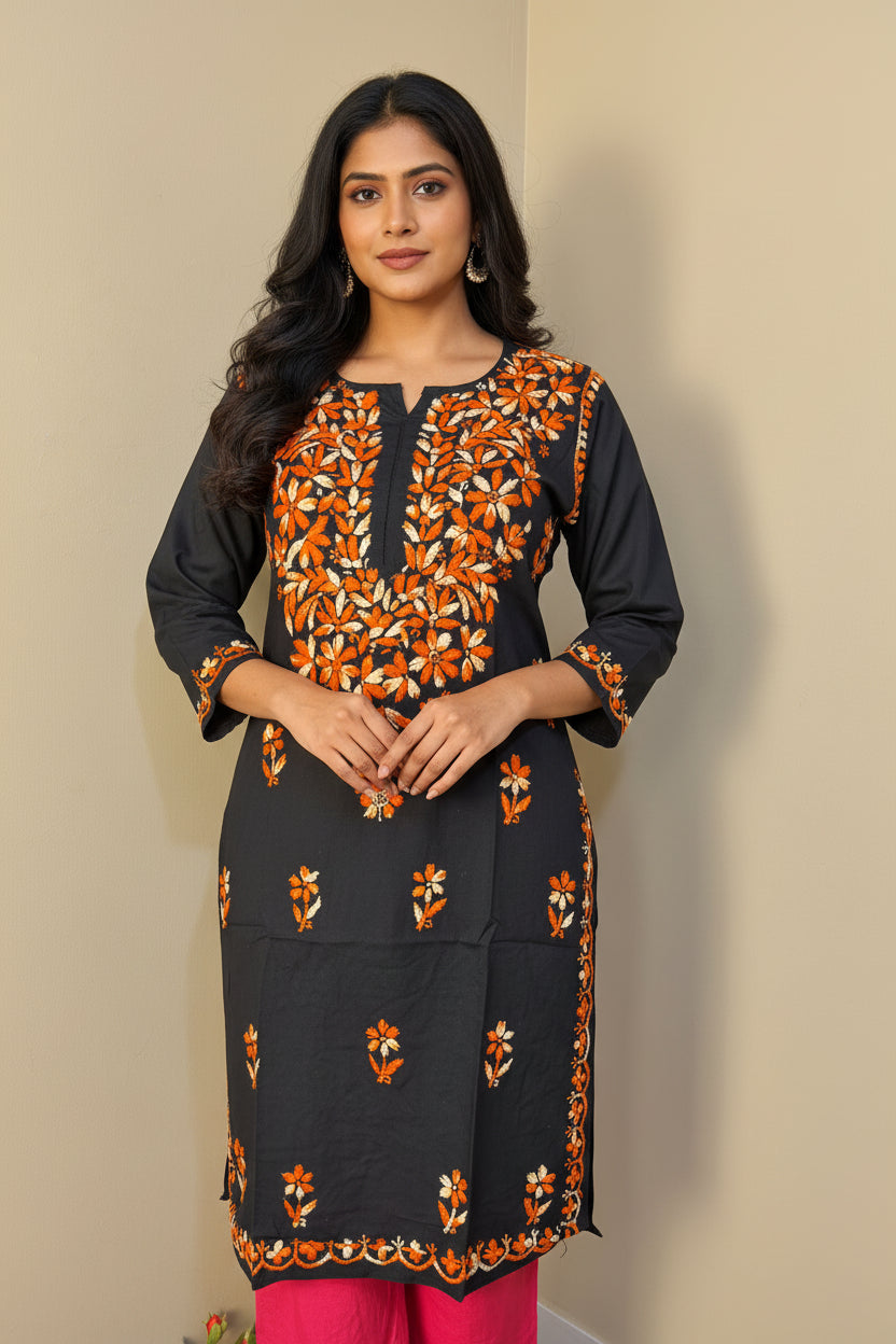 Black Long Rayon Tunic with Colorful Chikankari