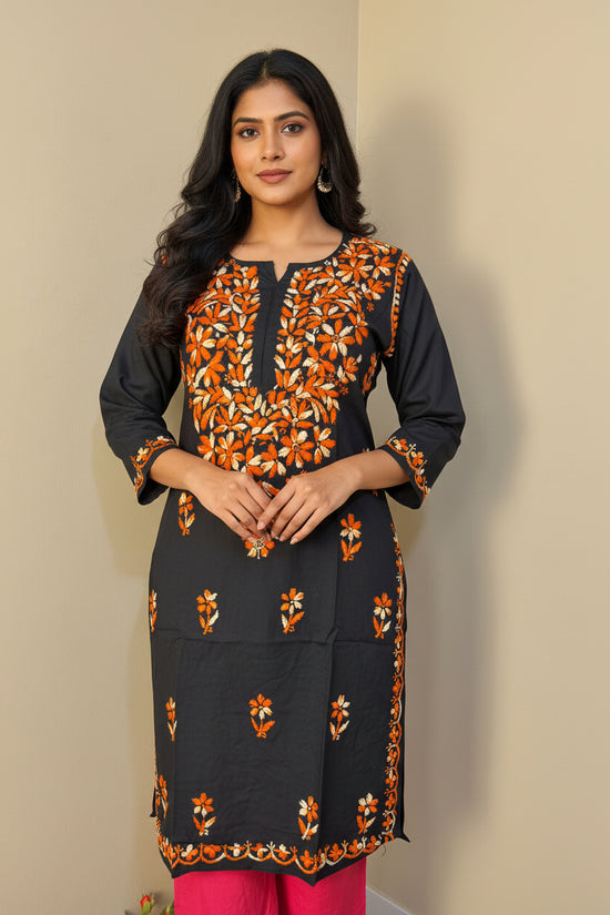 Black Long Rayon Tunic with Colorful Chikankari