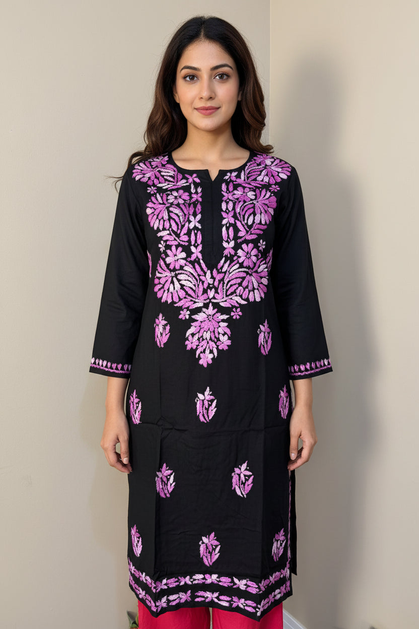 Black Long Rayon Tunic with Colorful Chikankari