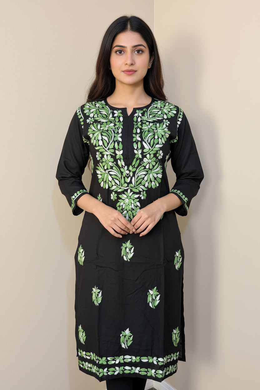 Black Long Rayon Tunic with Colorful Chikankari