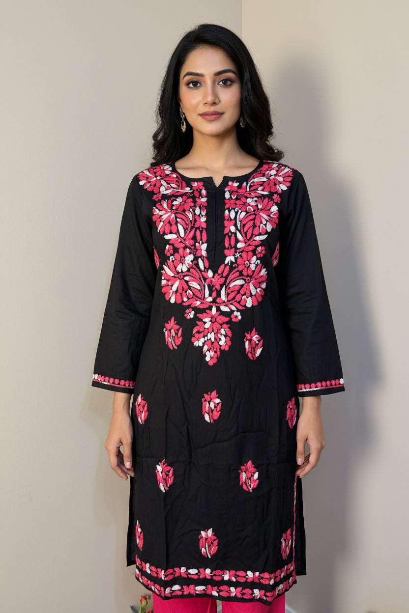 Black Long Rayon Tunic with Colorful Chikankari