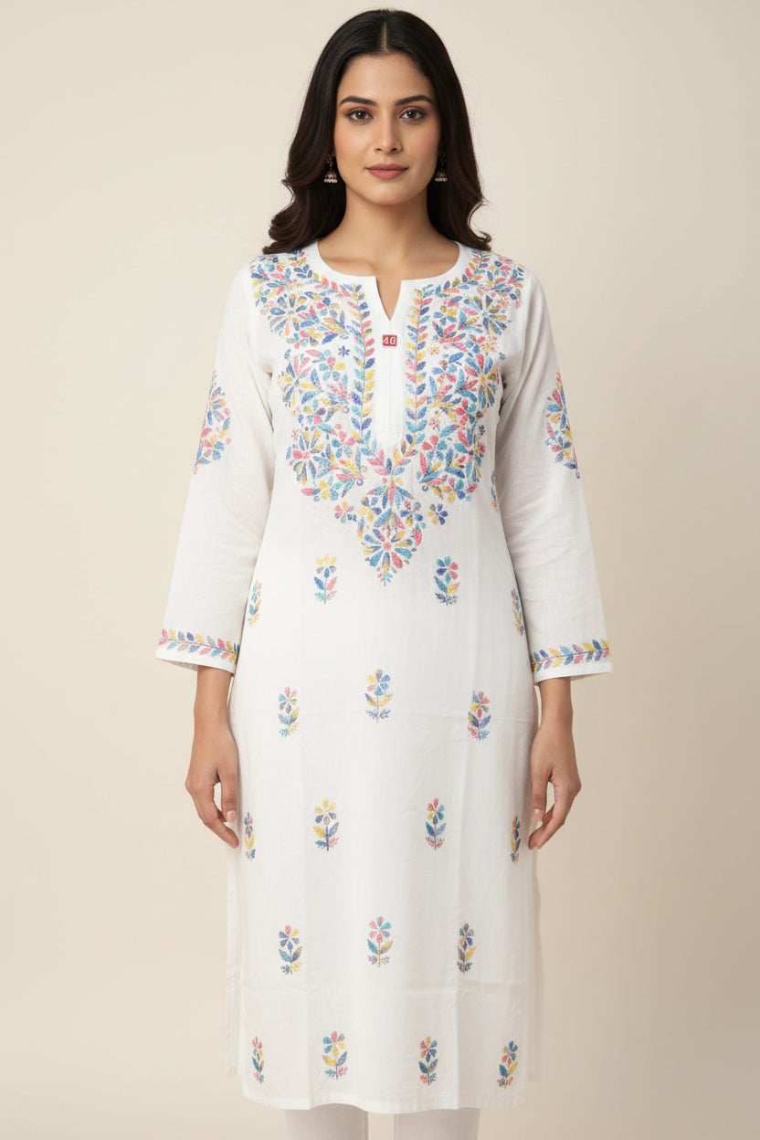 Rayon Floral Embroidered Long Tunic - Multicolor