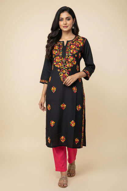Rayon Floral Embroidered Long Tunic - Multicolor