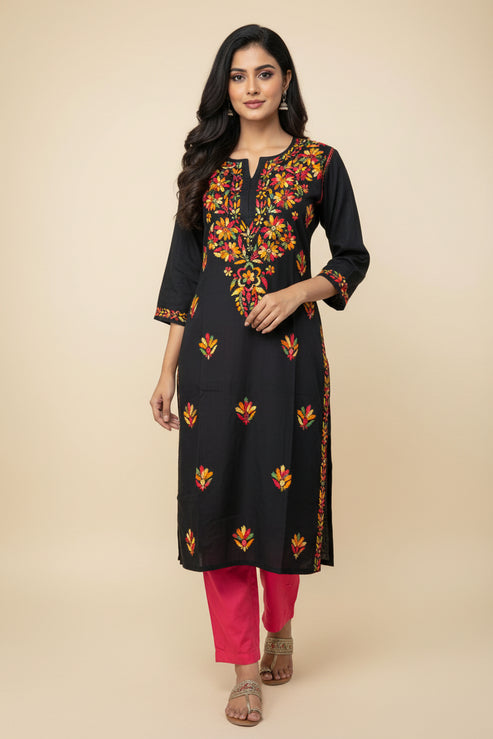 Rayon Floral Embroidered Long Tunic - Multicolor