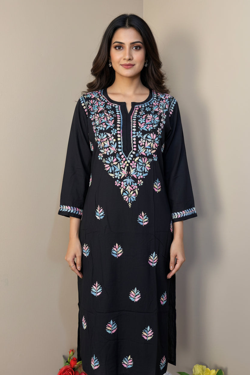 Rayon Floral Embroidered Long Tunic - Multicolor