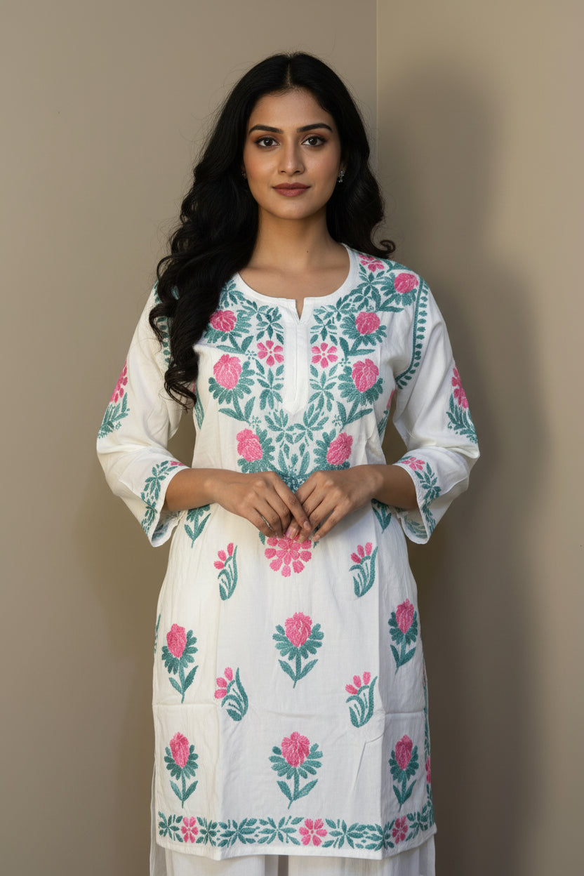 Rayon Dual Embroidery Chikankari Short Kurti