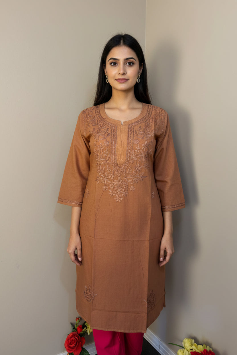 Long Chikankari Plain Kurti