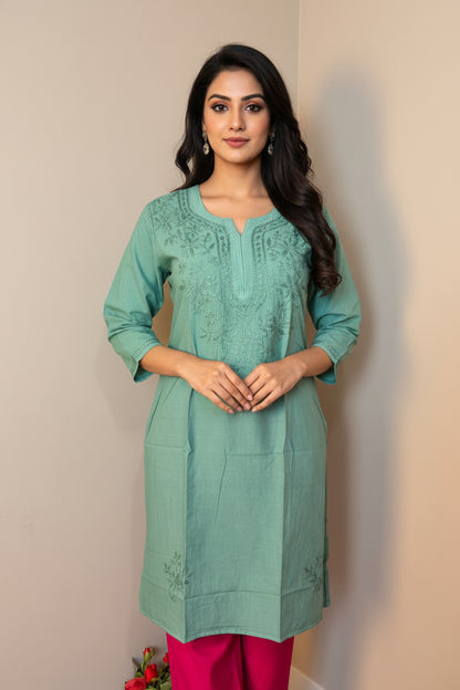 Long Chikankari Plain Kurti