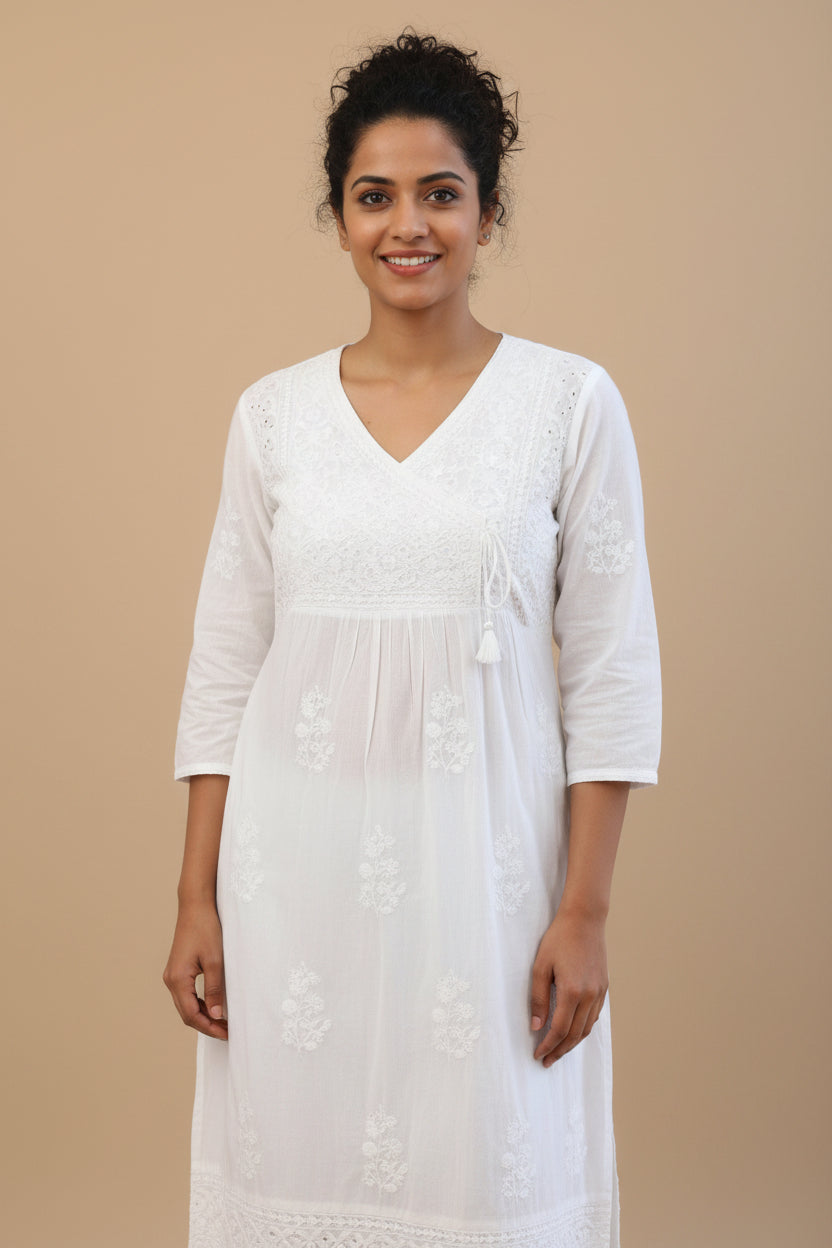 Tie Neck Chikankari Long Tunic Kurti