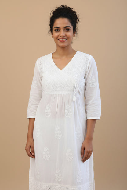 Tie Neck Chikankari Long Tunic Kurti