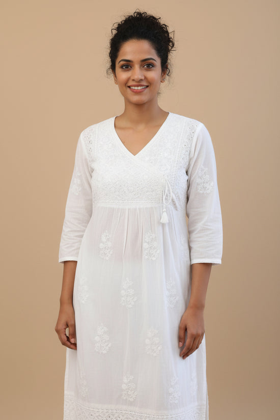 Tie Neck Chikankari Long Tunic Kurti