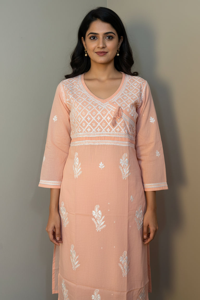 Tie Neck Chikankari Long Tunic Kurti