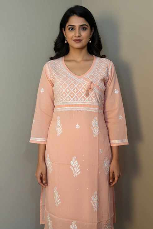 Tie Neck Chikankari Long Tunic Kurti
