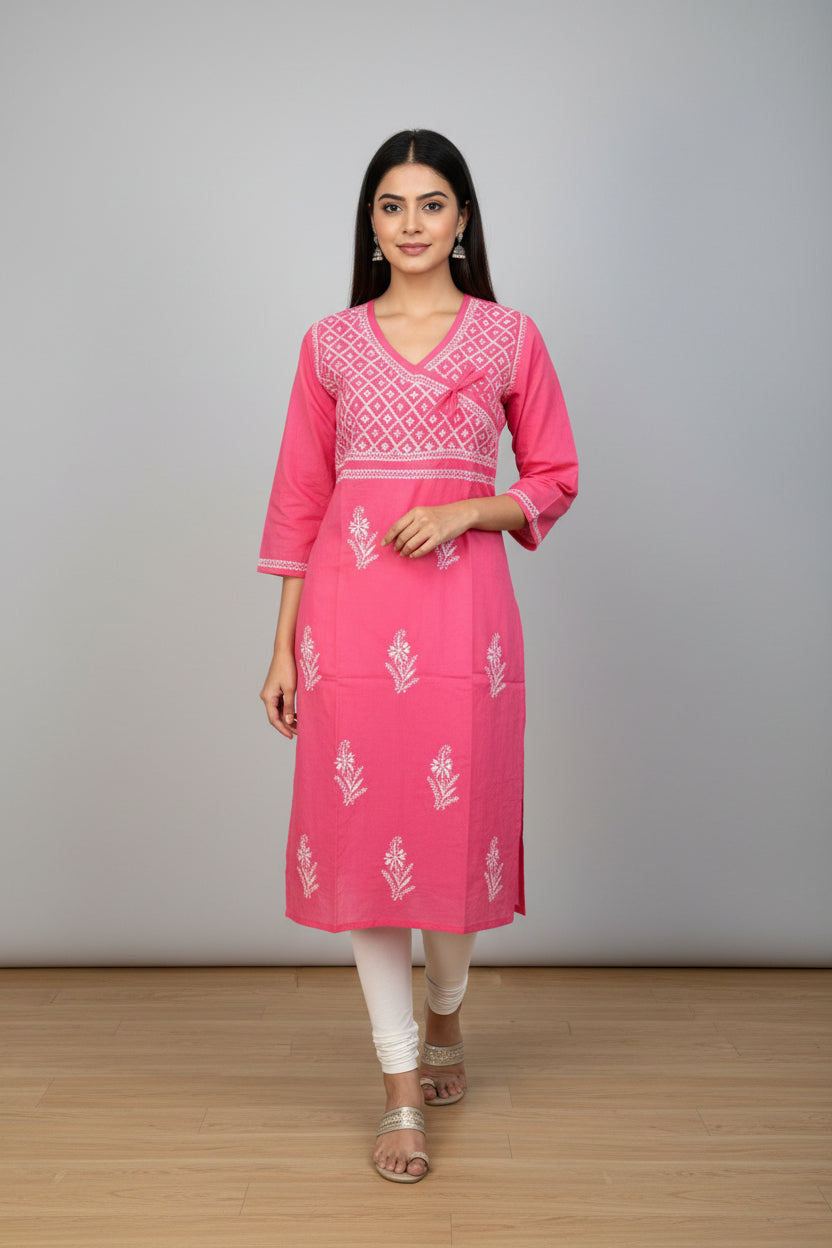 Tie Neck Chikankari Long Tunic Kurti