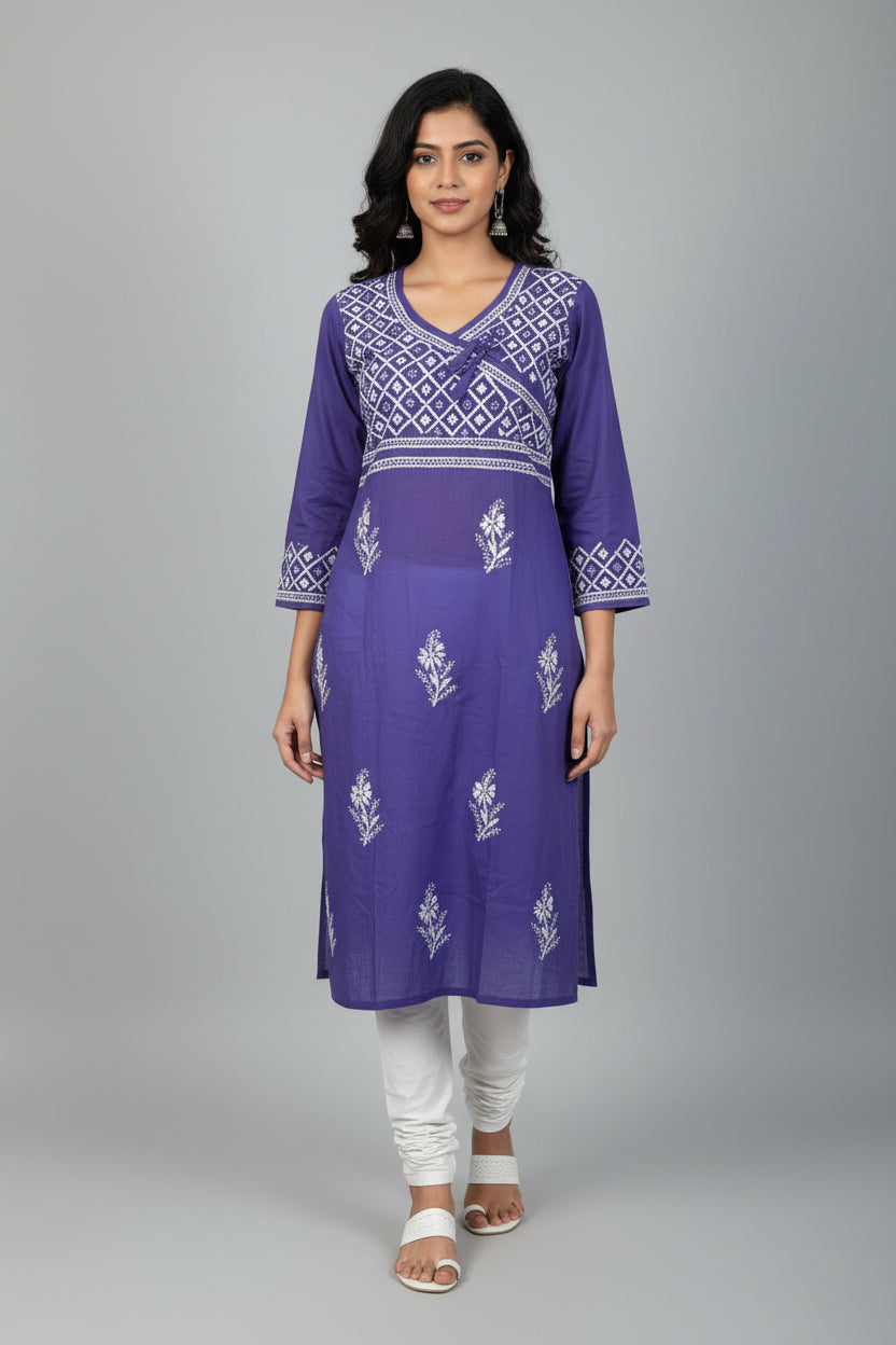 Tie Neck Chikankari Long Tunic Kurti