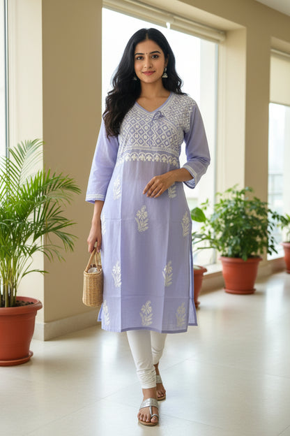 Tie Neck Chikankari Long Tunic Kurti
